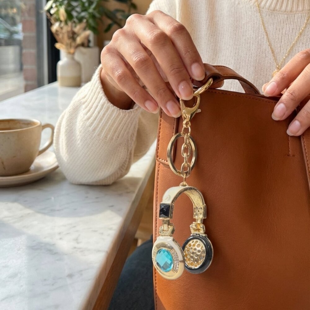 Gold-tone Headphones Purse Charm Keychain with Aqua, Black & Clear Gems - Picture 1 of 5